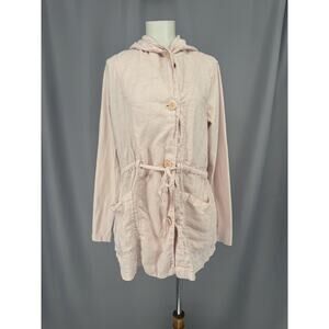 FLAX Jacket Womens P Pink Linen Hooded Button Anorak Drawstring Waist Coat